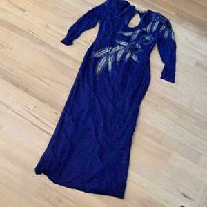 Vintage 80s Beaded Silk Gown Maxi Dress Blue Abstract-Feather-Floral-Rare-Art
